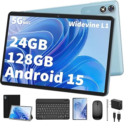 Android Tablet with Keyboard,10 inch Android 15 tablet, 24GB RAM 128GB ROM, 1TB Expand, Octa-Core, Widevine L1, 2.4G/5G WiFi, 8000mAh, Bluetooth, GMS, 2 in 1 Tablet with Case, Mouse, Stylus (Black)