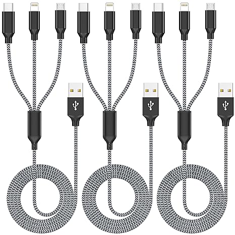 Multi Charging Cable 4ft 3Pack 3 in 1 Charger Cord, Multiple Rapid Nylon Braided Cable USB Charging Cable Multi Phone Charger Cord with Type C Micro Lightning USB Connectors for Cell Phones